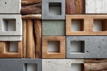 A geometric arrangement of square concrete and wooden blocks with hollow centers, forming a modern, textured wall design.
