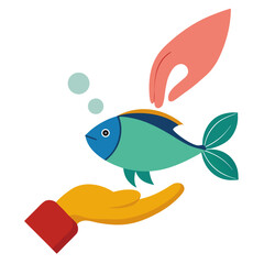 Gentle hands carefully cradle a vibrant fish symbolizing care, conservation, and a connection to marine life, perfect for eco-friendly campaigns or nature-themed projects.