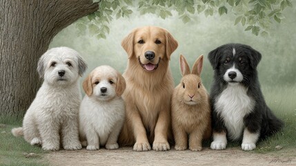 Five cute pets-four dogs and a rabbit-sit together outdoors under a tree, posing for a charming group photo.