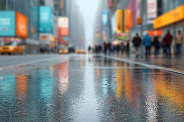 Wet city street reflects colorful lights and blurred crowds on a rainy day, with taxis and vibrant billboards in the background.