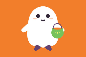 Fototapeta premium Cute cartoon ghost holding a trick or treat bag on orange background perfect for Halloween kids designs and seasonal greeting cards and digital illustrations