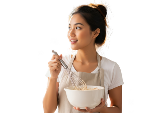 Young woman wearing an apron holds a bowl and spoon tasting food isolated on transparent background