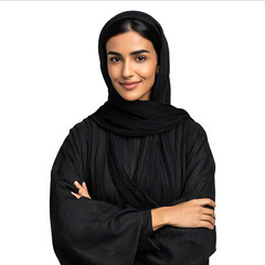 A realistic photograph of an Emirati woman wearing a black abaya isolated on a white background She is smiling and looking at the camera with her arms crosse