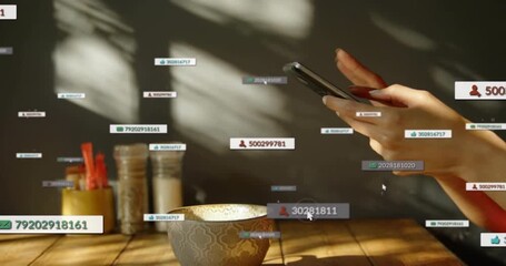 Hands lifting smartphone sparking floating UI widgets around bowl showing data retrieval