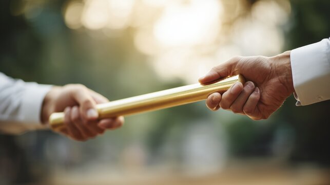 Close up of hands passing baton teamwork leadership transition and business success concept