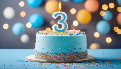 3rd birthday cake with light blue frosting colorful sprinkles and a lit number 3 candle