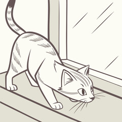 A curious domestic cat crouches low on a windowsill looking out a window with a focused expression