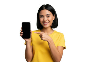 Smiling young woman in yellow t shirt pointing at a smartphone screen isolated on transparent background