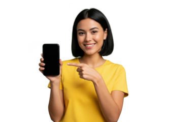 Smiling young woman in yellow t shirt pointing at a smartphone screen isolated on transparent background