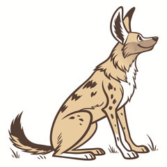 Cartoon illustration of a friendly african wild dog sitting on grass looking to the side with large ears