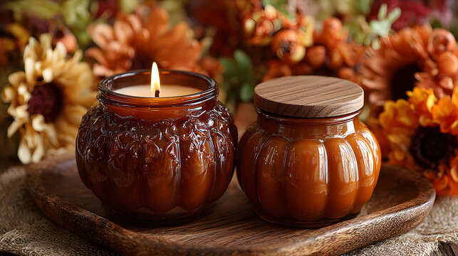 Autumn-themed candles in pumpkin shape and amber glas jar with wooden wick, ading cozy touch to home decr.