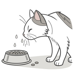 Cute cartoon cat with closed eyes eating from a food bowl with spilled kibble and water droplets