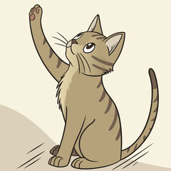Cute cartoon tabby cat sitting and reaching up with its paw in a playful gesture