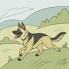 Happy german shepherd dog running joyfully through a grassy landscape under a cloudy sky