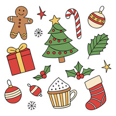 Vector christmas icons set including tree, snowman, gift, and ornament for a holiday celebration