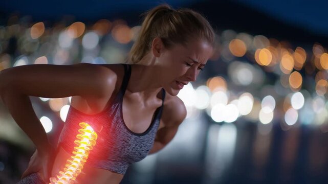 Activewear-clad woman bends forward with a pained expression, highlighted by an orange-red augmented spine overlay, illustrating workout-related back strain.