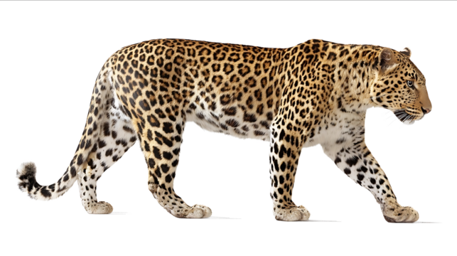 Photo of a leopard walking isolated on a white background with a clipping path Fullbody portrait