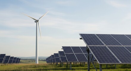 Solar Panels and Wind Turbine in a Field.
