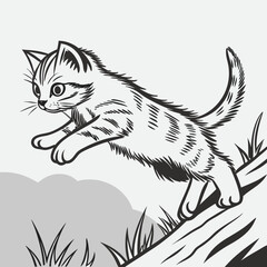 Playful kitten with striped fur leaping gracefully through tall grass and over a log