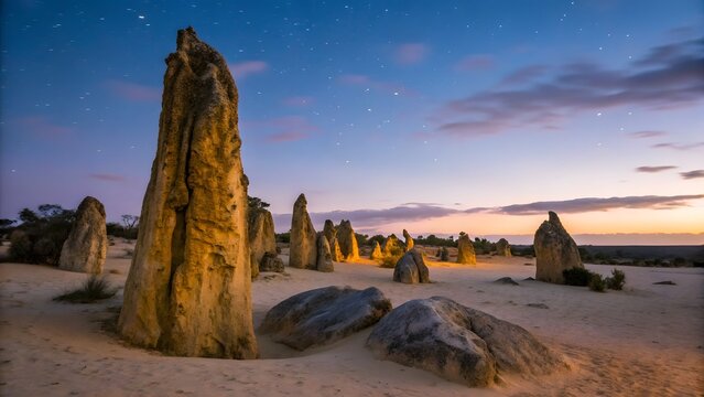 Pinnacles Desert Landscape: A serene twilight scene in the Pinnacles Desert. The towering limestone pillars cast long shadows, bathed in the soft glow of dusk.