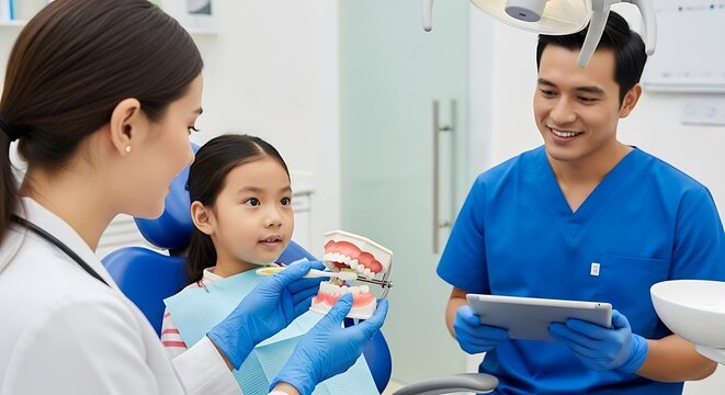 Dentist Teaching a Young Girl About Oral Hygiene and Brushing Techniques with a Model of Teeth and Gums in a Bright Dental Clinic Setting - Powered by Adobe