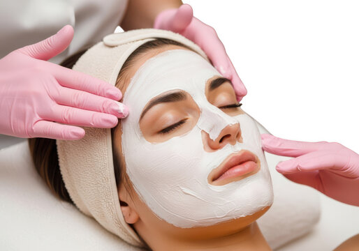 Woman receiving a soothing facial mask treatment from esthetician hands isolated on transparent background
