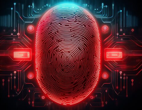 fingerprint identification technology with unauthorized access denied warning signs in red glowing digital interface cybersecurity concept