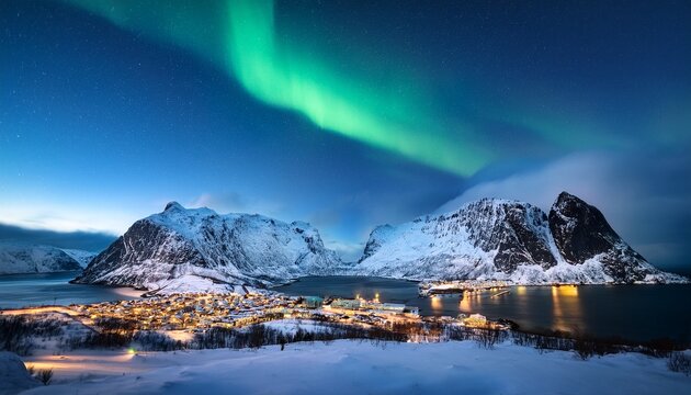 northern lights above snow covered mountains and the town of narvik in norway