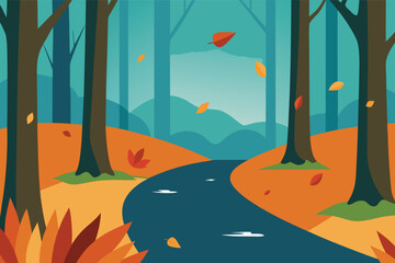 serene woodland with fallen leaves and small streak.