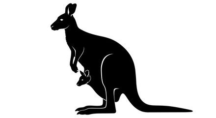 Black silhouette of a mother kangaroo with a joey in her pouch, standing in profile.