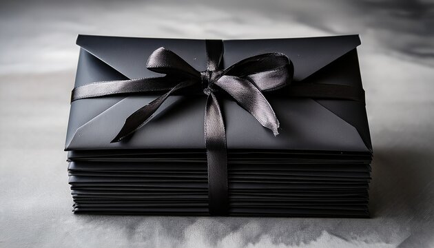 a neat stack of black envelopes tied with a black ribbon conveying elegance and simplicity