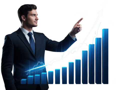 Businessman pointing at a rising financial graph indicating growth and success isolated on transparent background