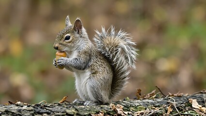 Fototapeta premium Gray Squirrel Eating an Acorn in Autumn Forest