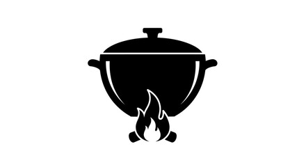 Black Silhouette of Cooking Pot Over Campfire.