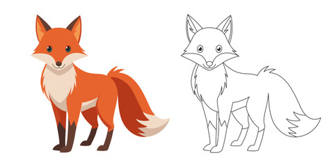 Cute fox illustration with colored and line art version for children and coloring books