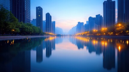 Fototapeta premium Skyline Panoramic skyline view of a bustling metropolis reflecting on a calm river.