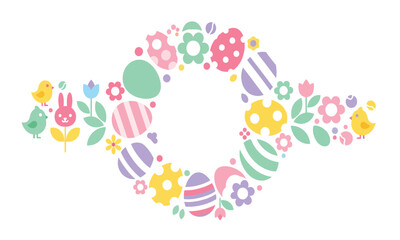 A cute Easter greeting card frame made of flat geometric floral elements with bunny, chick and egg icons