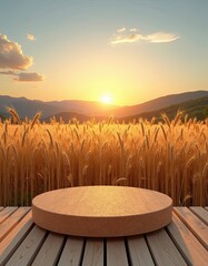 Golden wheat field at sunset with a wooden podium in the foreground, creating a serene and natural display setting for product presentation