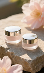 Cosmetic cream with pink flowers for a natural beauty and wellness spa treatment