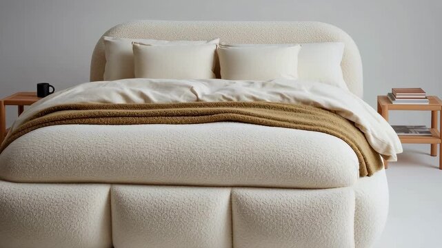 A cozy boucle bed frame with a textured headboard. The cloud platform bed features ivory bedding and neutral decor, creating a warm and inviting bedroom atmosphere.