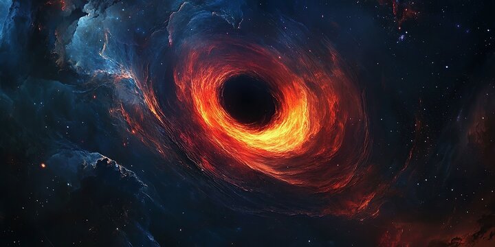 A massive black hole, glowing with an intense red and orange color in the center of space