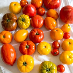 Assorted colorful tomatoes on a white cloth