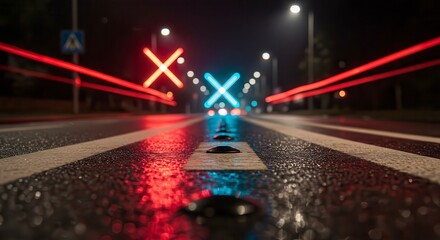 Reflective road markers and illuminated crossing sign on wet asphalt with neon bokeh; dynamic mobility backdrop with copy space for navigation and safety campaigns