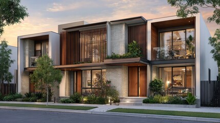 Stylish Double-Storey Modern Townhouse with Natural Beige and Brown Facade