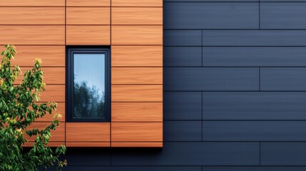 Fototapeta premium Textured Patterned wooden panels on a modern building exterior emphasizing organic architecture.