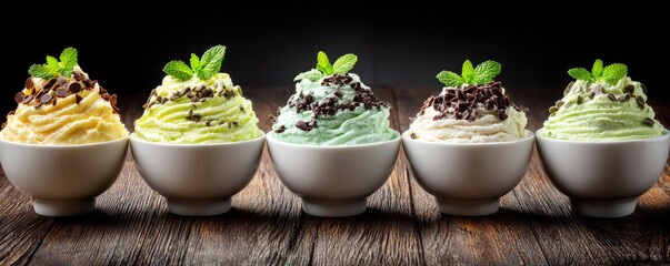 Four different flavored ice cream creations in white bowls, topped with chocolate chips and fresh mint leaves, arranged on a rustic wooden table.