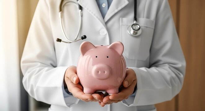 Doctor Holding Piggy Bank Saving for Healthcare Costs and Financial Security planning for medical expenses and investment in health with white coat and stethoscope