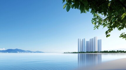 Fototapeta premium Development Waterfront development featuring modern high rises overlooking a scenic bay.