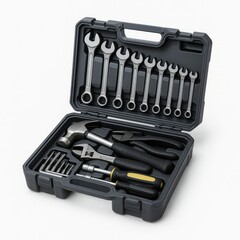 Open dark gray toolbox containing a hammer pliers adjustable wrench screwdrivers and assorted wrenches