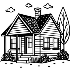 Cozy house line art with a porch, tree, and garden, simple black and white sketch style sketch illustration